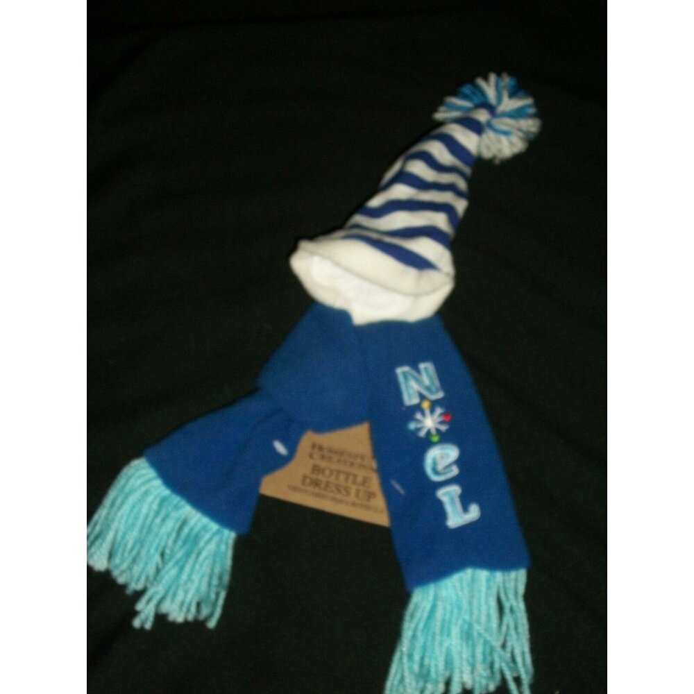 Homespun Creations Blue Noel Bottle Dress-Up Hat Scarf Set Holidays Hostess Gift